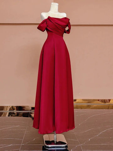 A Line Off The Shoulder Red Satin Floor Length Evening Dress Prom Dresses SD1610
